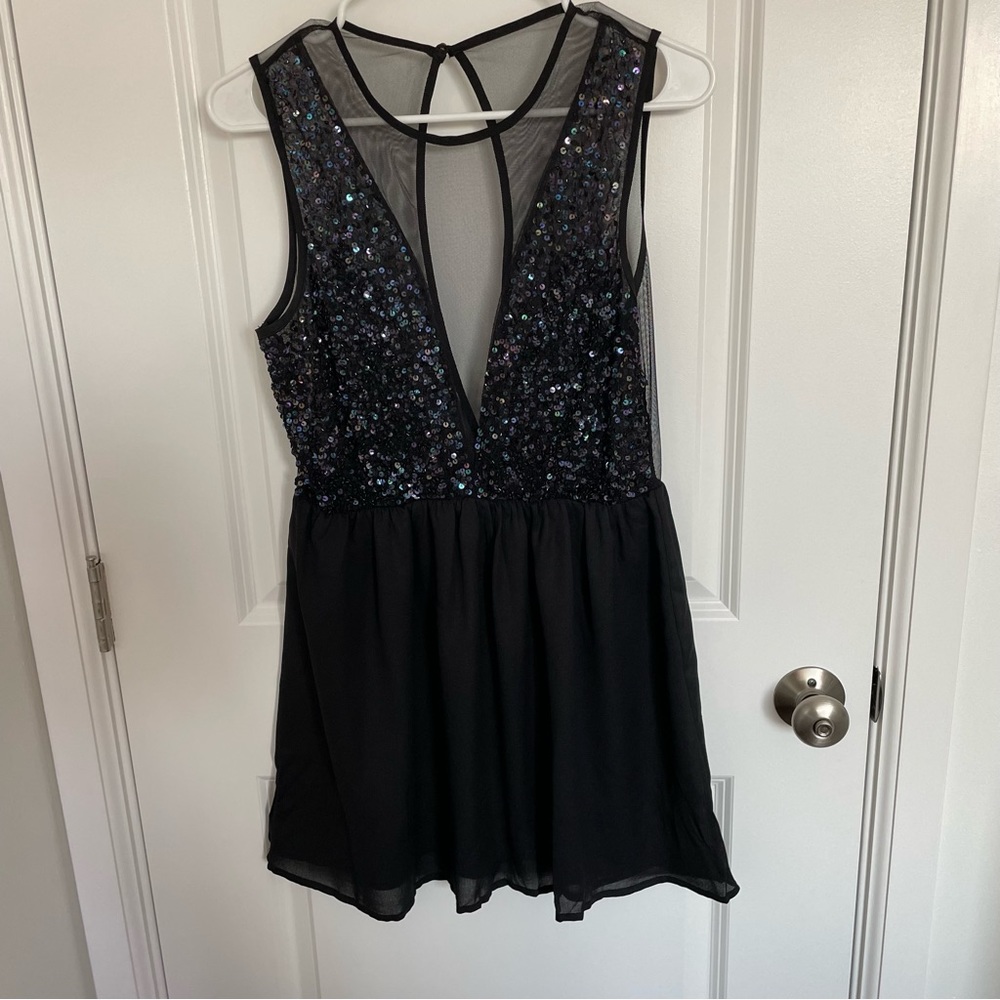Black Sparkly Mesh V Neck Dress